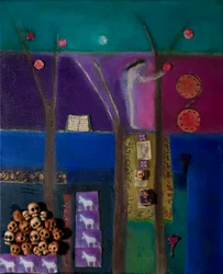 Eva a granátové jablko, 2011 (olej a koláž na plátně)
